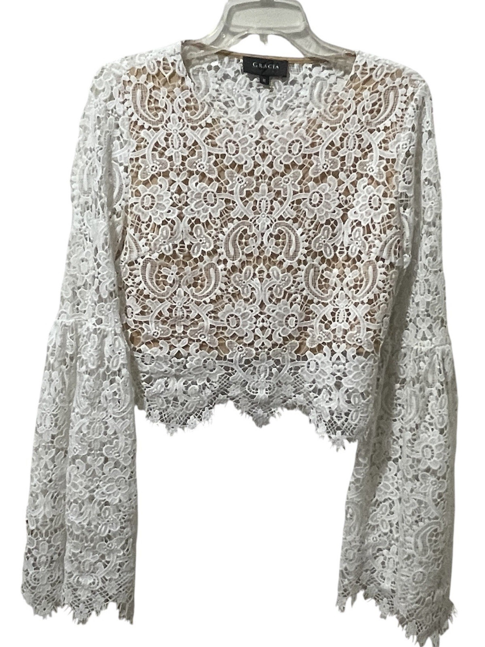 Gracia Women Bell Sleeve Lace Front Lined Crop Top White Romantic Fairy Boho Med